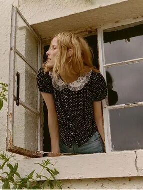 Doen Oleta blouse Lace-Collar Puff Sleeve Polka Dot Top 100% cotton